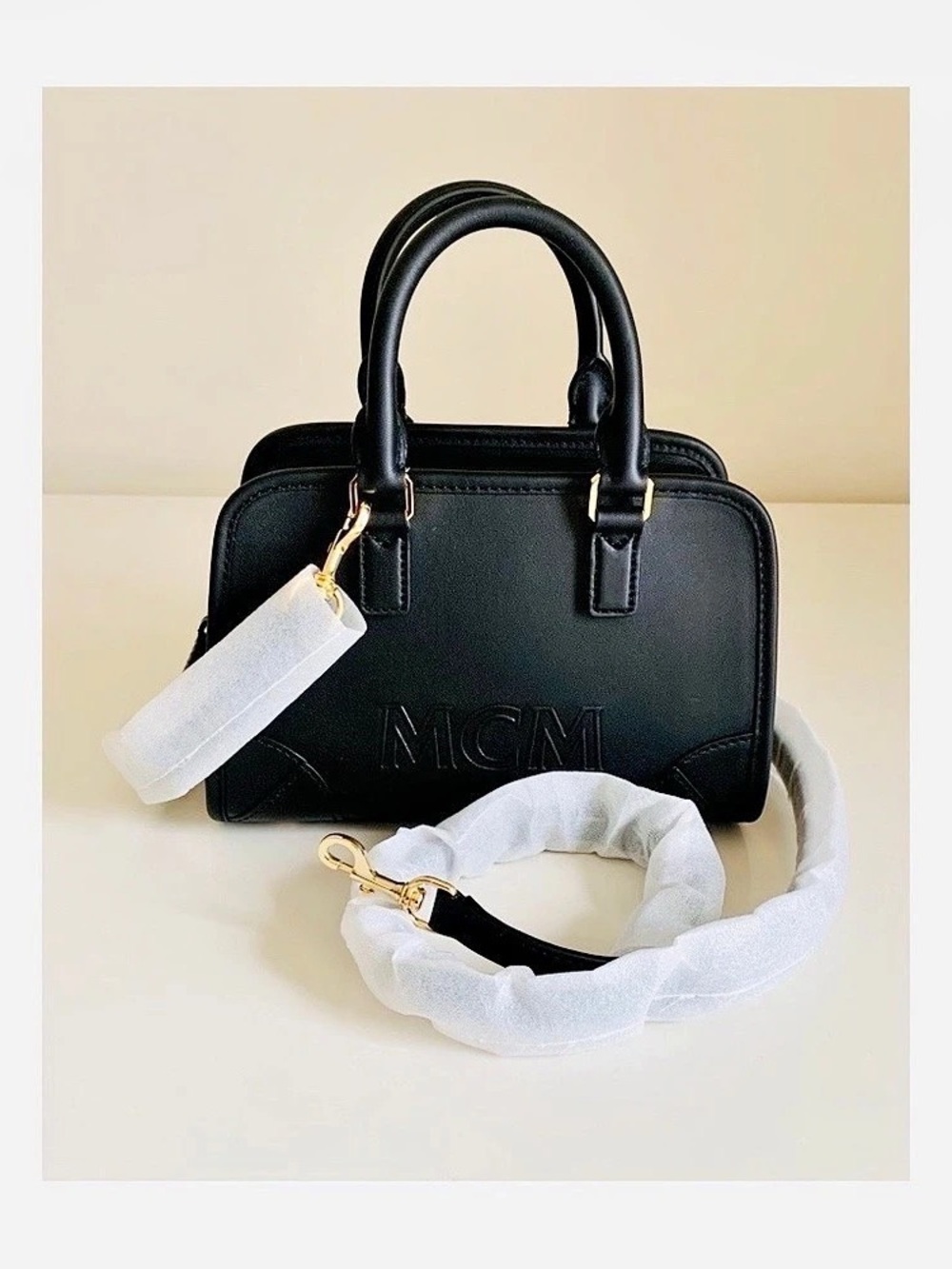 MCM Aren Boston Embossed Leather Bag - Black- NWT